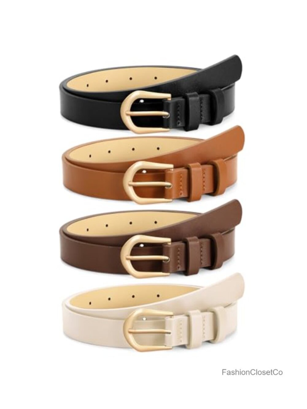 4 Pack Womens Thin Faux Leather Skinny Waist Belts with Gold Buckle